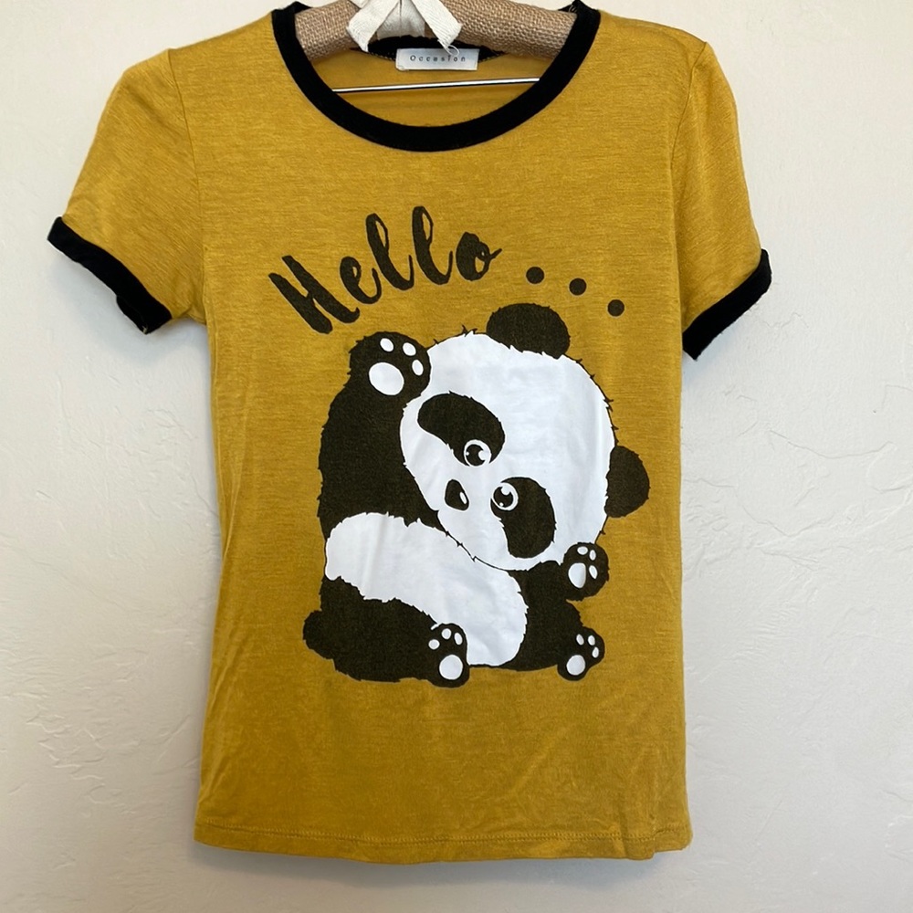 Occasion Panda “Hello/Goodbye” Gold T-shirt; Size S.
